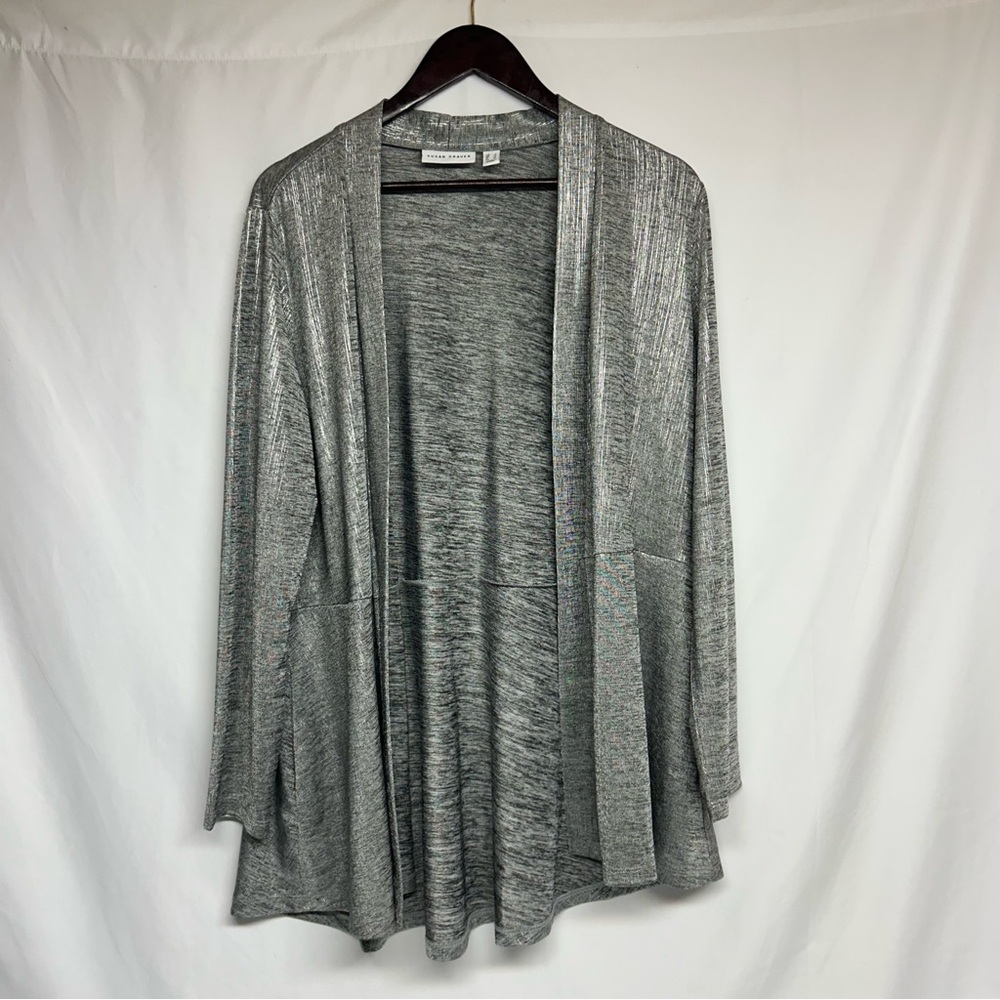 Susan Graver Cardigan Silver Metallic Open Front Sweater Holiday Women's Size L